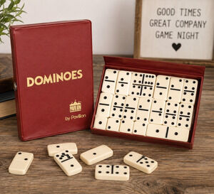 Vintage Pavilion Dominoes Set in Red Vinyl Case Ivory Black Double Six 28 Tiles